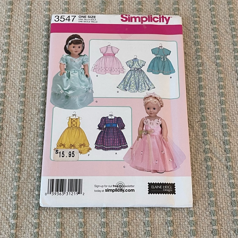NEW - Simplicity Doll Dress Sewing Pattern - 3547